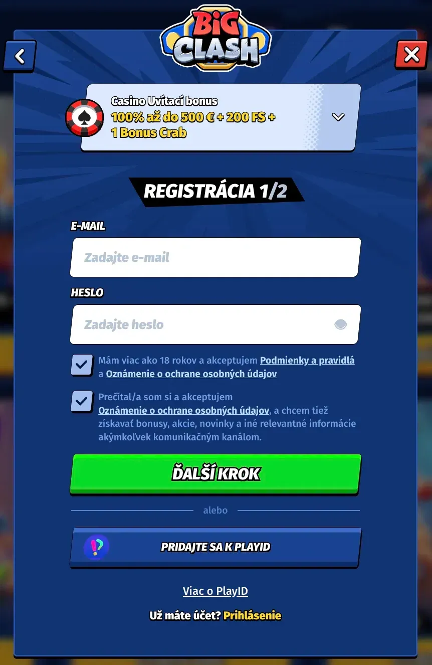 Registračný formulár v kasíne Bigclash